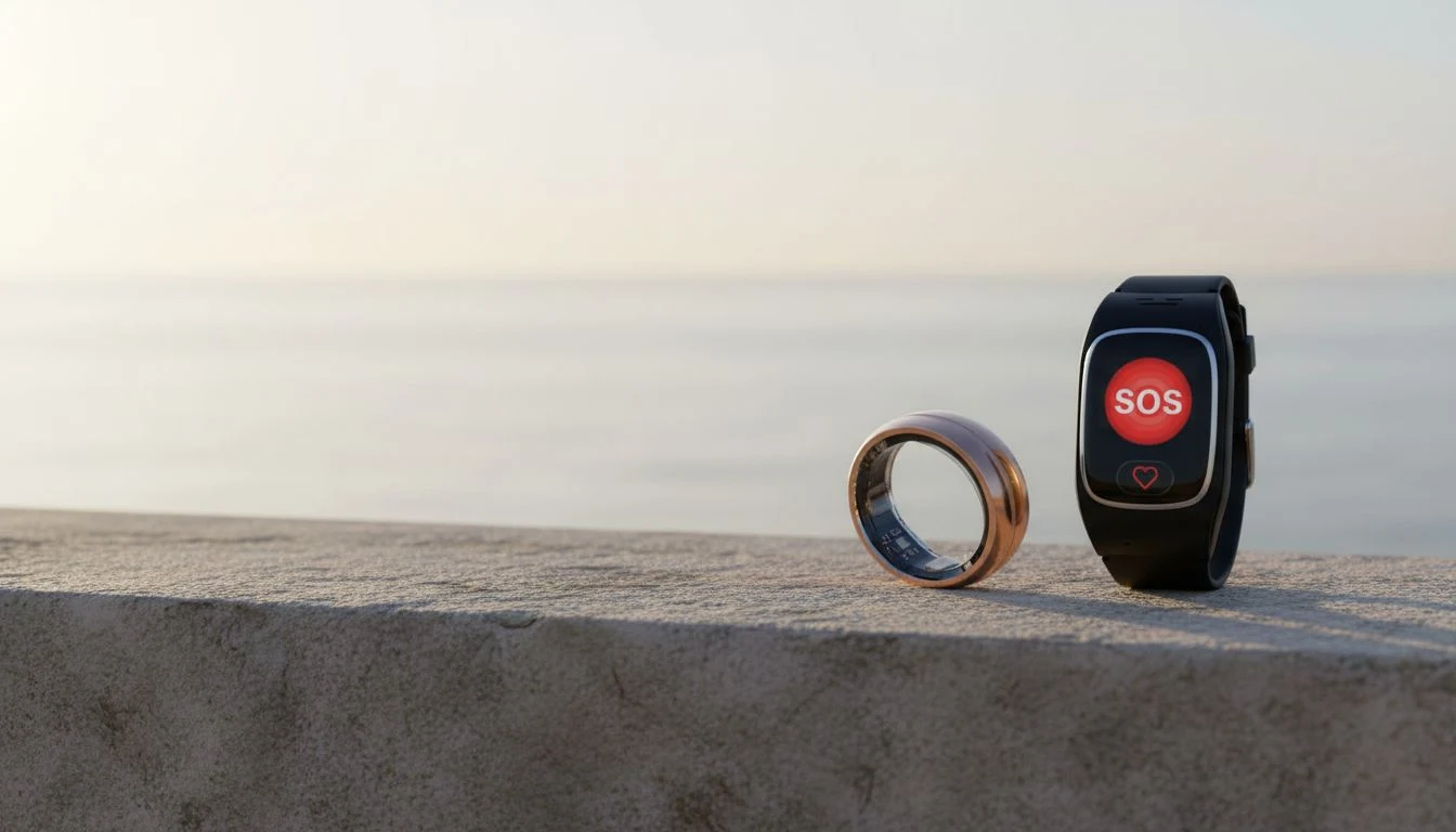 MYnextRING N2 Pro Ring und JAMES B8 Notrufuhr auf einer Steinmauer am Meer im Sonnenaufgang